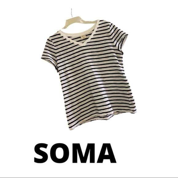 💼Soma V-Neck Short Sleeves Black/White Tee - Picture 1 of 6
